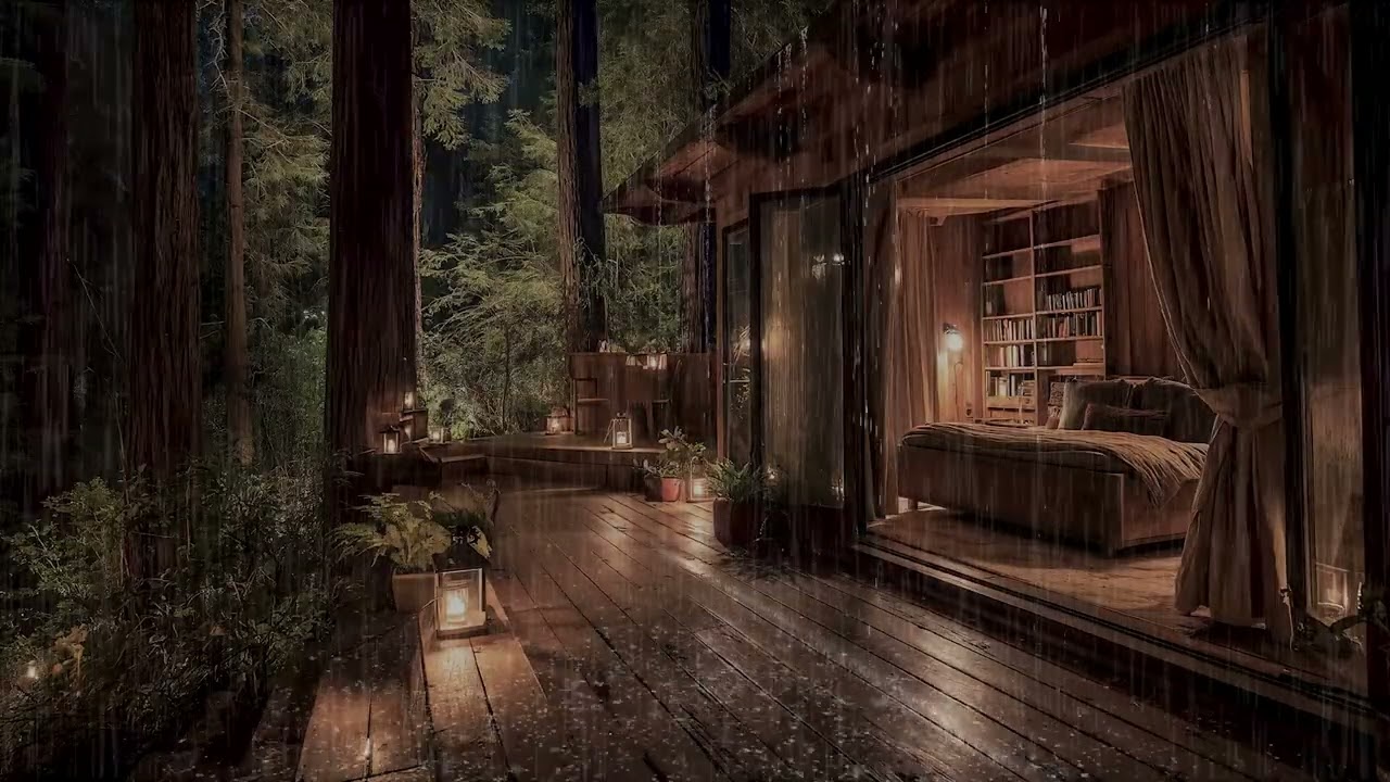 Heavy Rain on Wooden Deck 🌧️ Sleeping with Open Sliding Doors