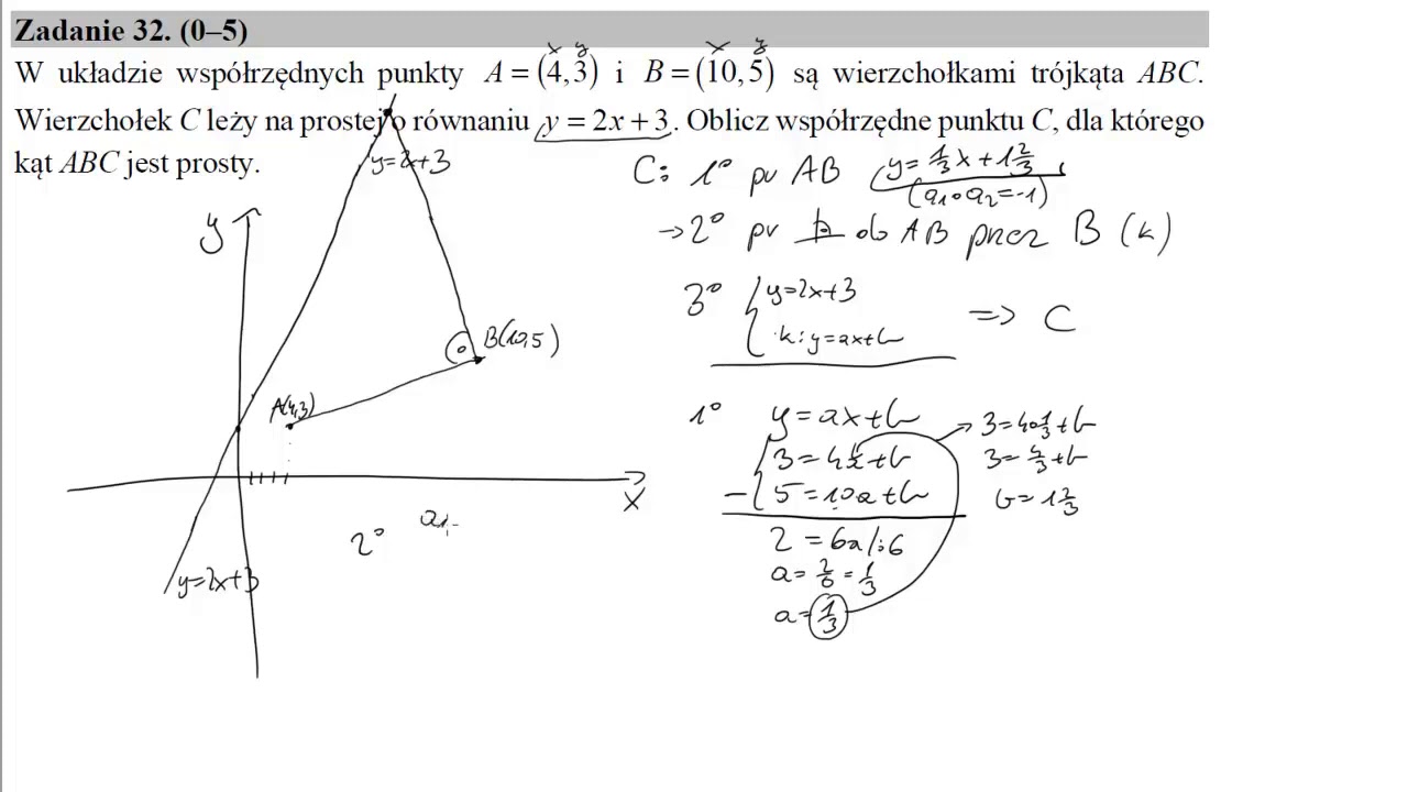 32 W układzie współrzędnych punkty A=4,3 i B=10,5 są wierzchołkami trójkąta ABC  Wierzchołek C leży