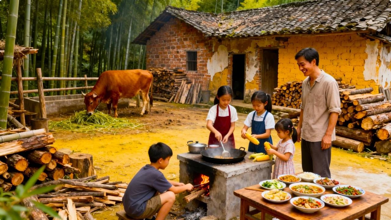 【一家六口隐居深山】四个年幼孩子挖菜做饭，累到满头大汗也不抱怨，只为减轻父亲压力#农村 #农村生活 #山区