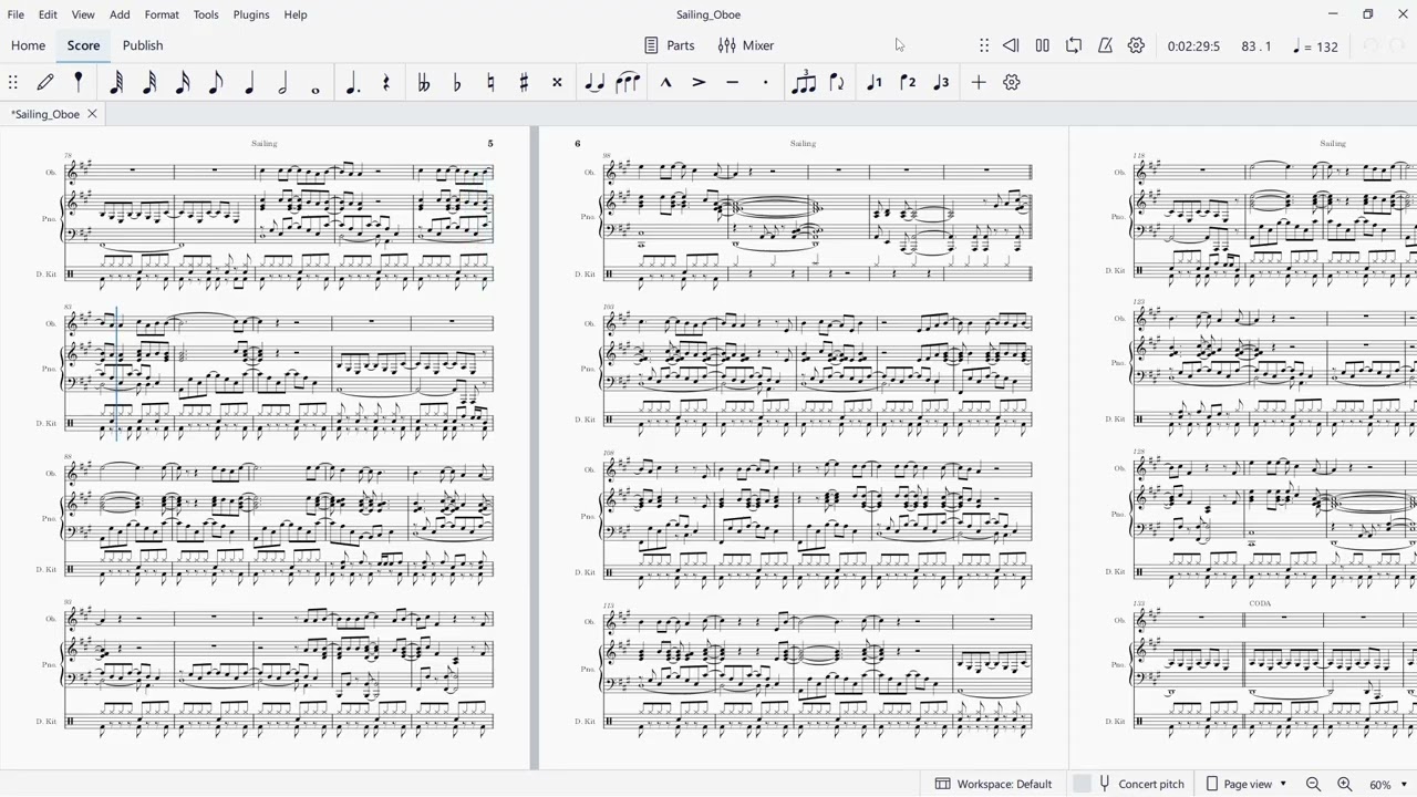 Sailing (Christopher Cross).  Music arrangement for oboe, piano, and drums.