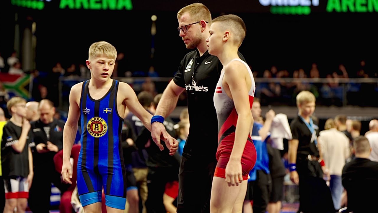 U15 Timurs Spelkovs (LAT) vs Wilmer Palsson (SWE) 48kg. Greco-roman boys youth wrestling tournament.