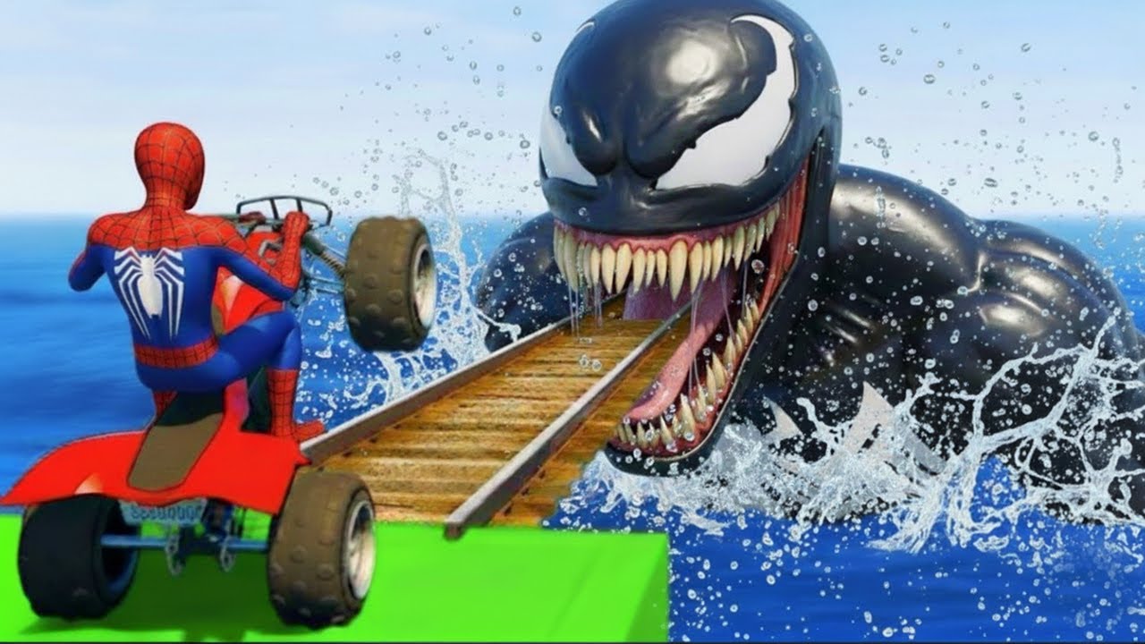 سبايدر مان اصعب دراجة نارية فوق اسماك القرش - Superheroes Ride on Motorcycle Stunt Funny Moments??