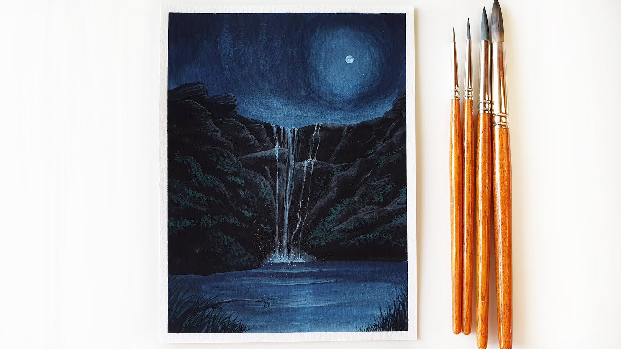 Moonlight Waterfall Scenery Painting with Poster Color