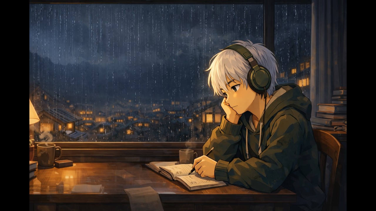 Rainy Night Study with Me - Anime Lofi Ambience 8 hours