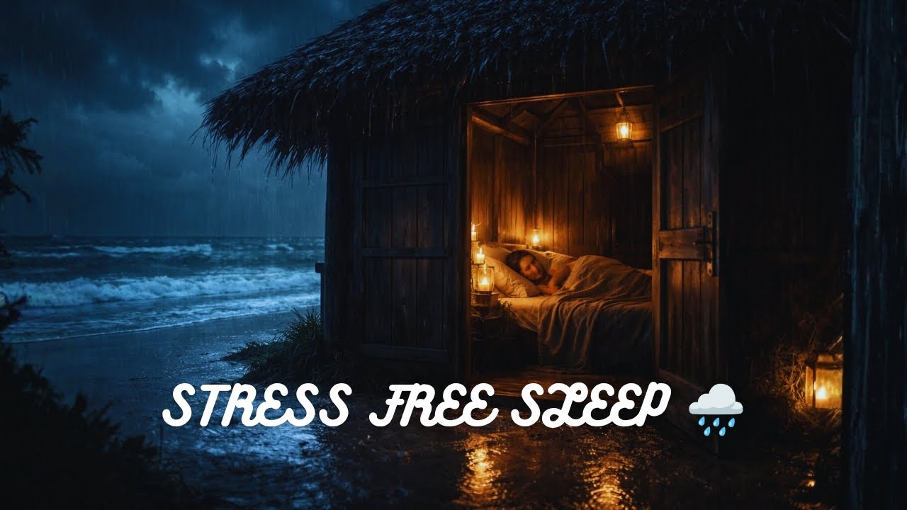 Stress Free Sleep | Cozy Hut Rain Sound | 🌊 Beach Rain ASMR | AqsaMahira 