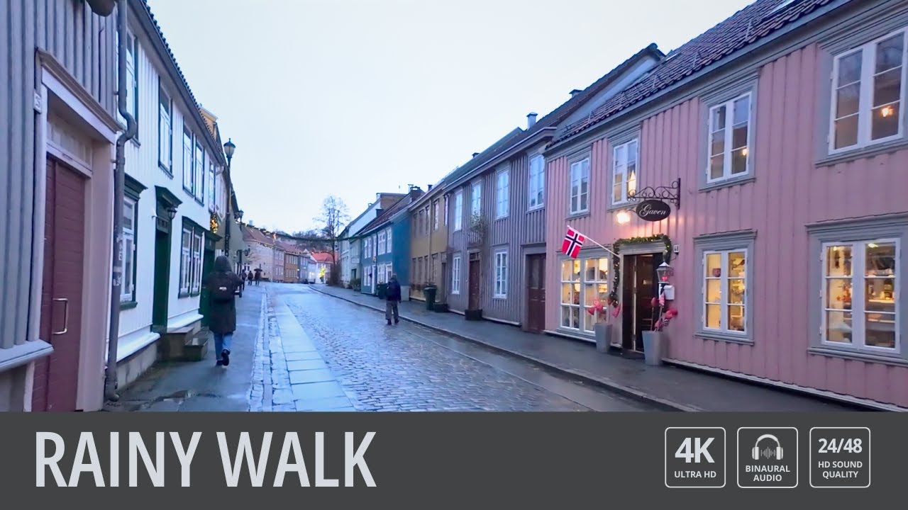 Rainy December Walk in Trondheim ☔ 🇳🇴 | Binaural Audio (Ultra Realistic Rain Sounds) 🎧 Immersive