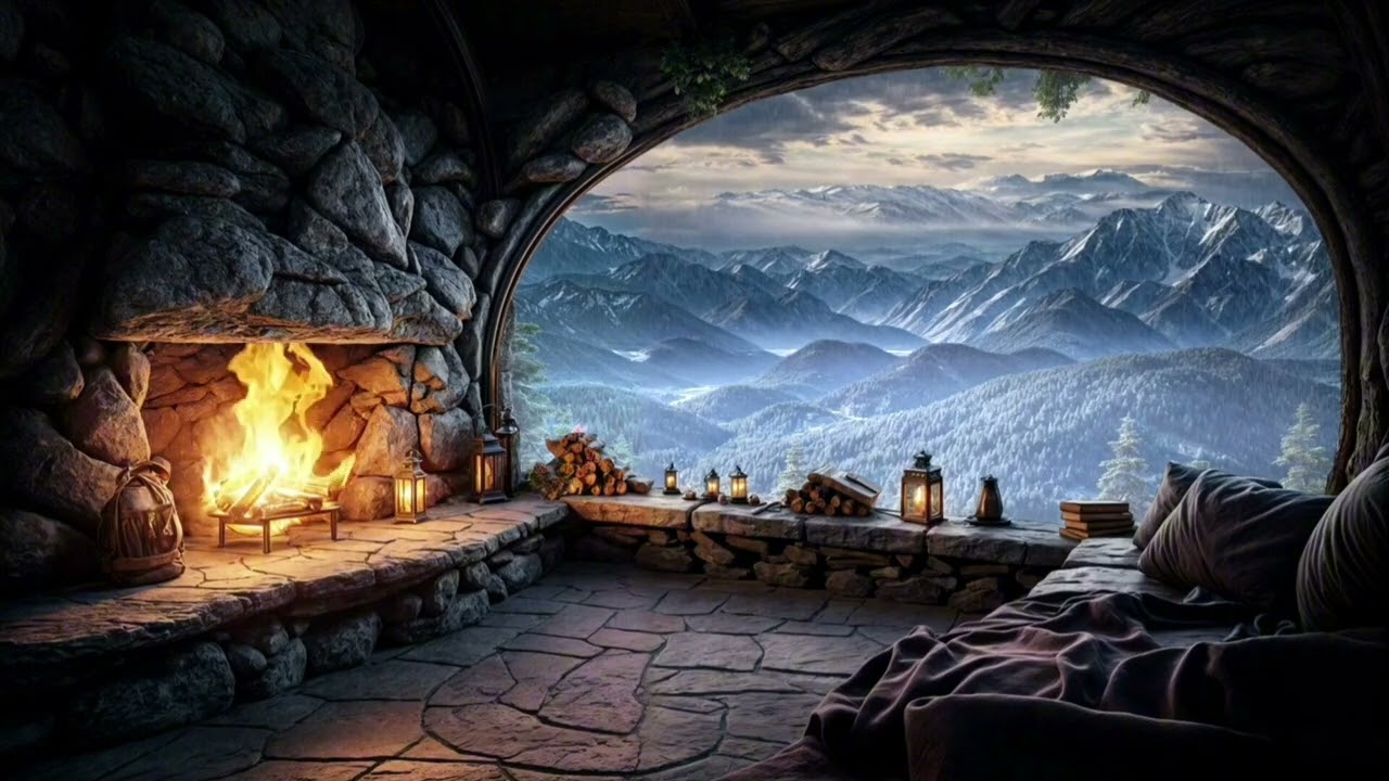 Cozy winter cabin, fireplace crackling sounds relaxing Sleep#burningfireplace #campfire #relaxing 