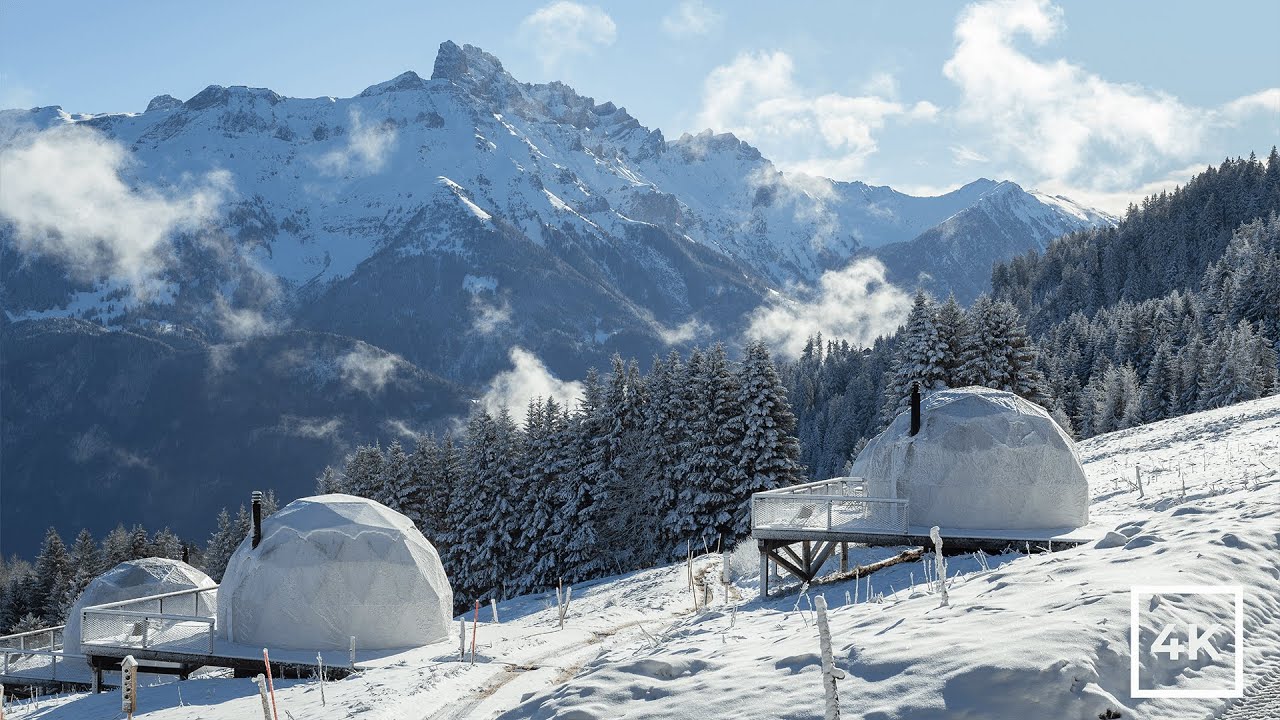 4K | ASMR Nature Snowy Walk at Whitepod Switzerland: Pods & Cabins
