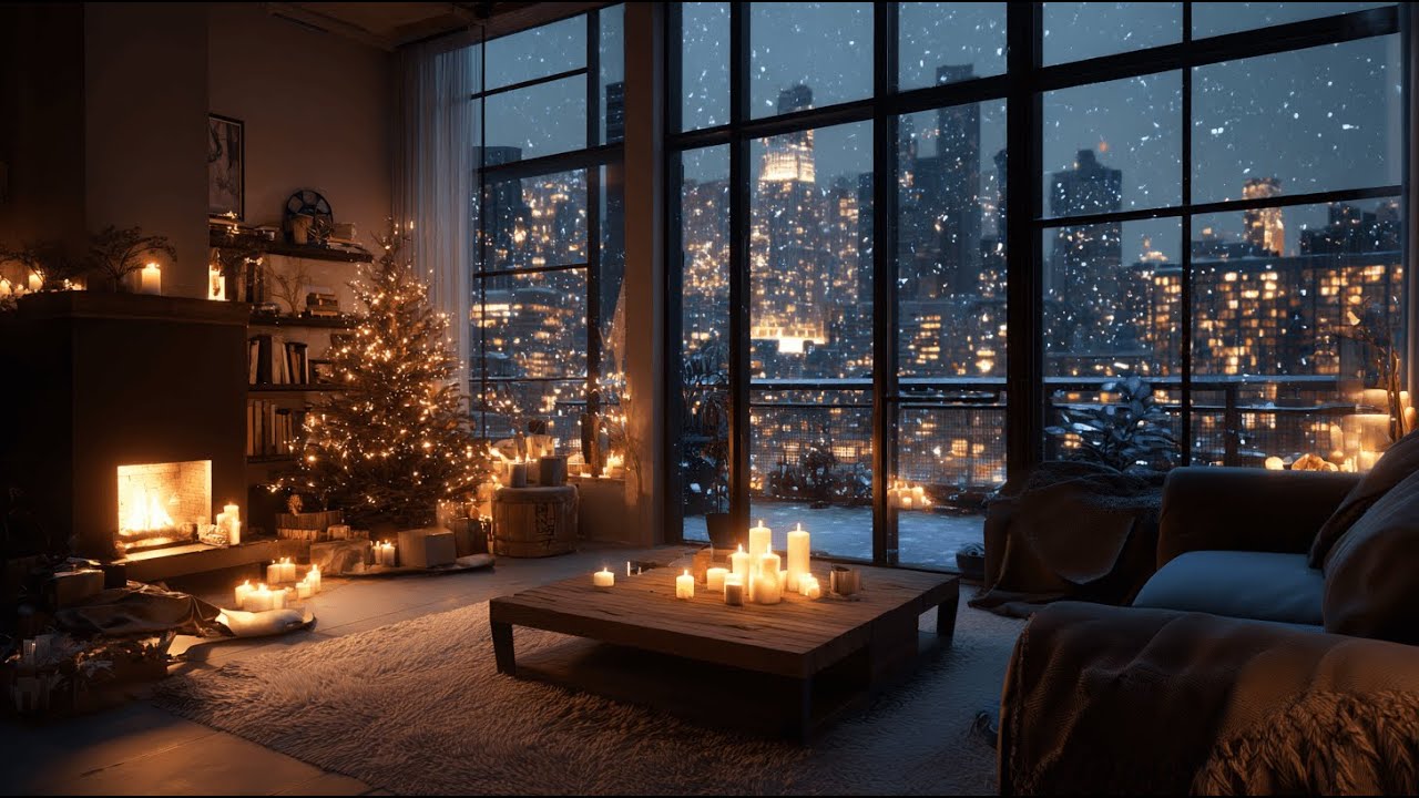 Cozy New Year Living Room — Night City Glow & Holiday Calm