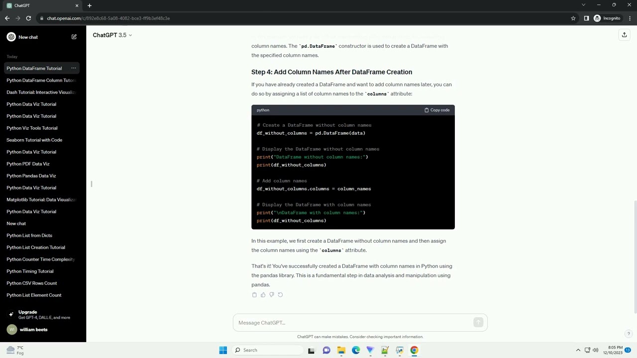 python dataframe add column names