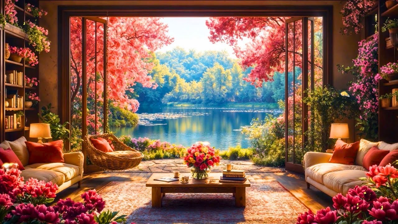 Summer Jazz by the Lake🌸Relaxing Jazz, Bossa Nova in a Cozy Lake House with Cherry Blossoms for Work