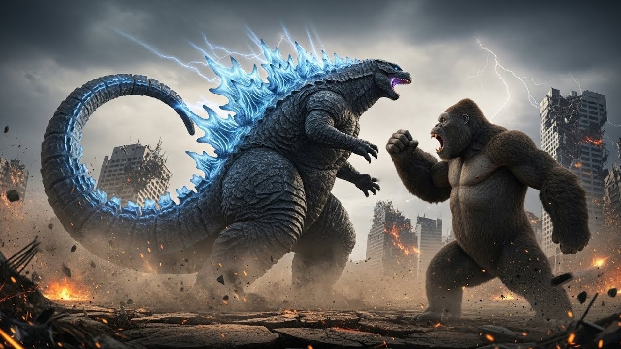 King Kong and the military forces face off against Godzilla: a massive clash on land