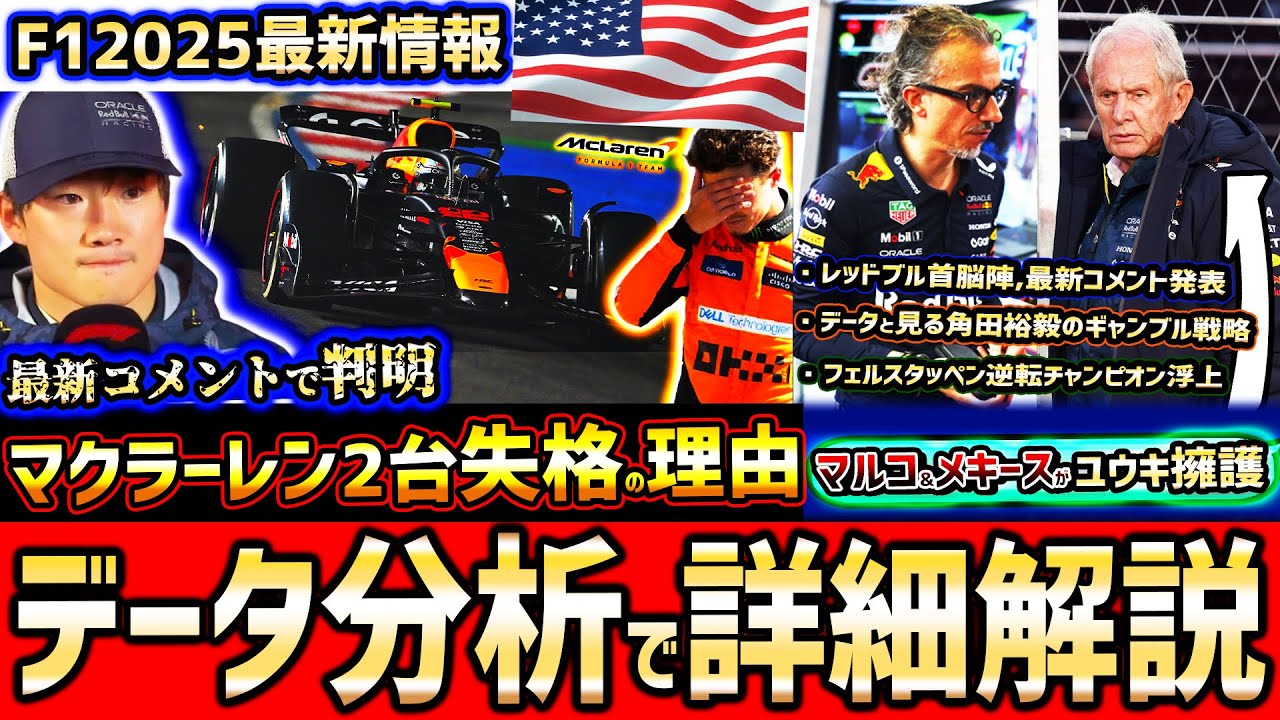 【F1速報】マクラーレン失格…データと見る角田裕毅ギャンブル失敗の真相/マルコ&メキース代表が謝罪/オーバテイク苦戦は●●が裏目【ラスベガスGP決勝まとめ総集編】【レッドブル】【フェルスタッペン】