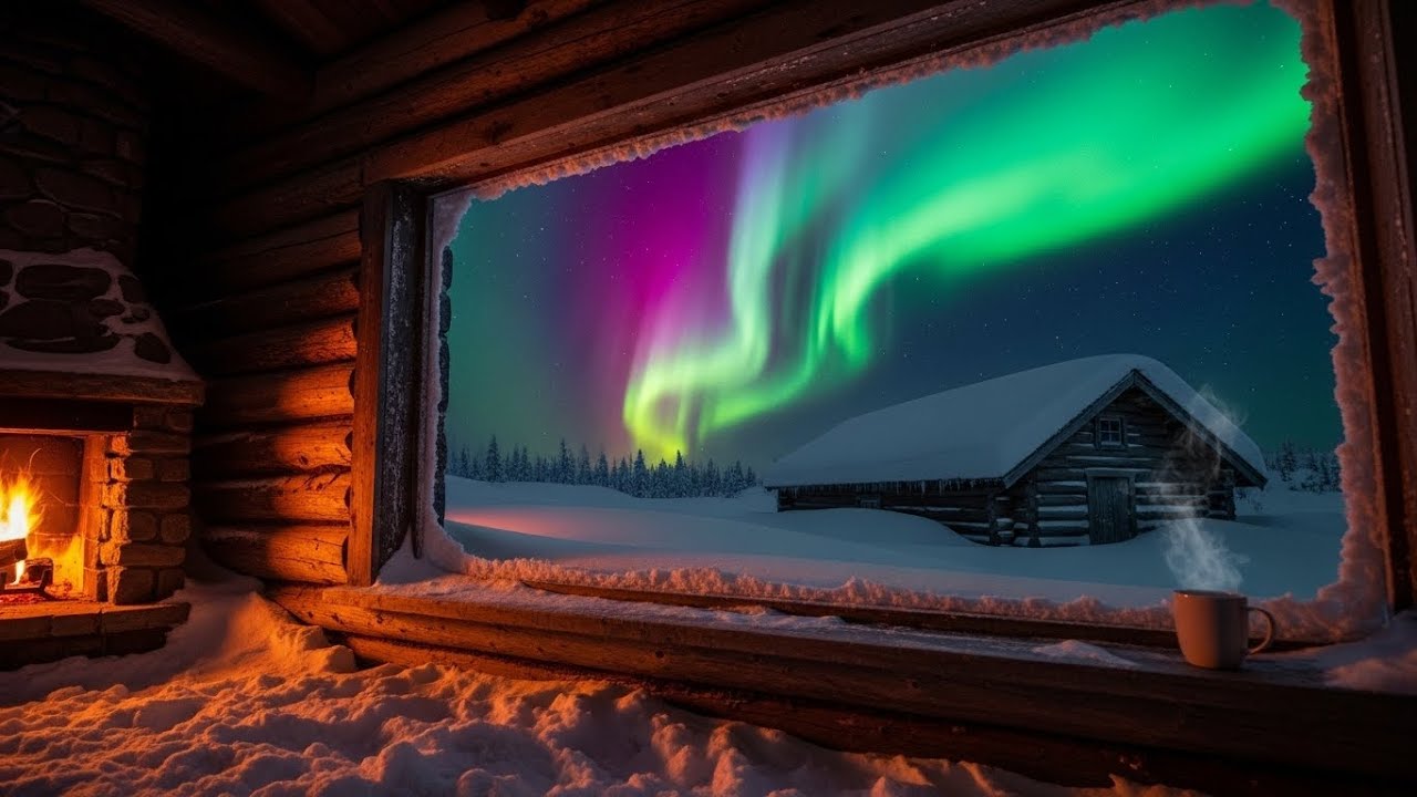 8 Hours of Winter Cabin Sounds | Glowing Night Sky, Crackling Fire, Insomnia