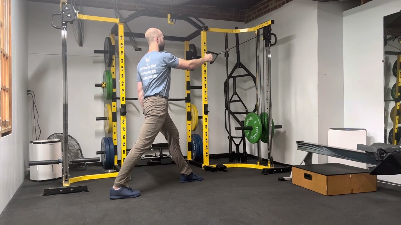 Split stance single arm cable row (high to low)