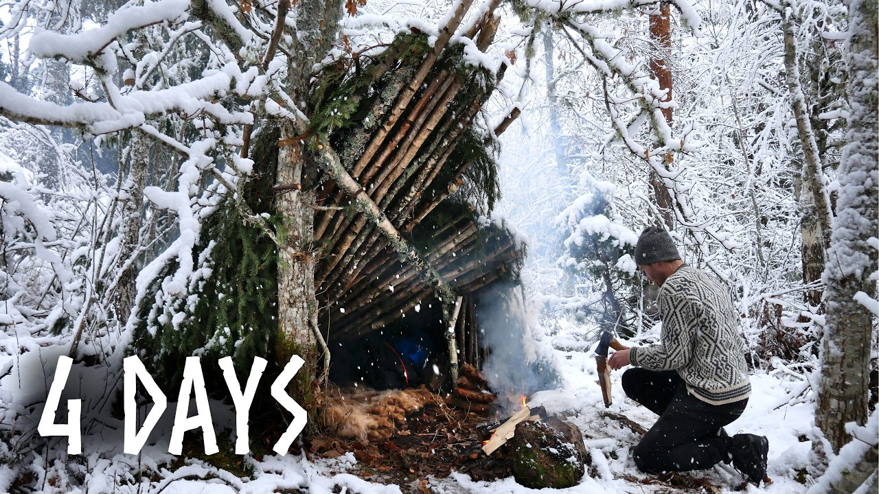 4 Days in Freezing Winter - Building a Primitive Bushcraft Shelter