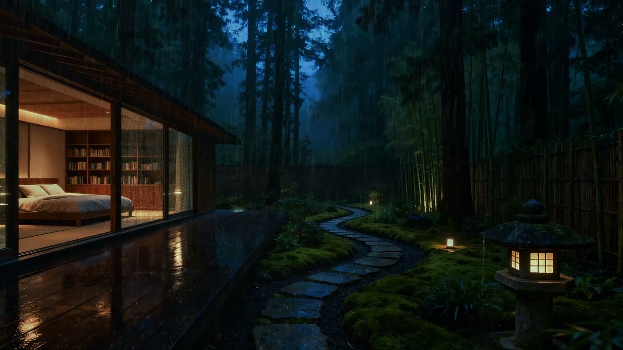 Japanese Forest Cabin Rain at Night 🌧️ Cozy Glass House & Stone Path Ambience for Deep Sleep