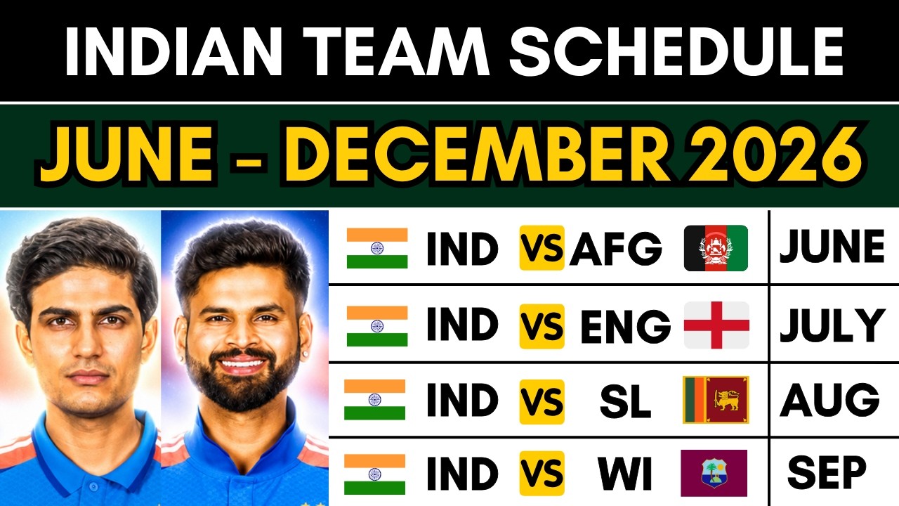 India Men&rsquo;s Cricket Team Upcoming Schedule 2026  🇮🇳  | June to December 2026 Full Schedule