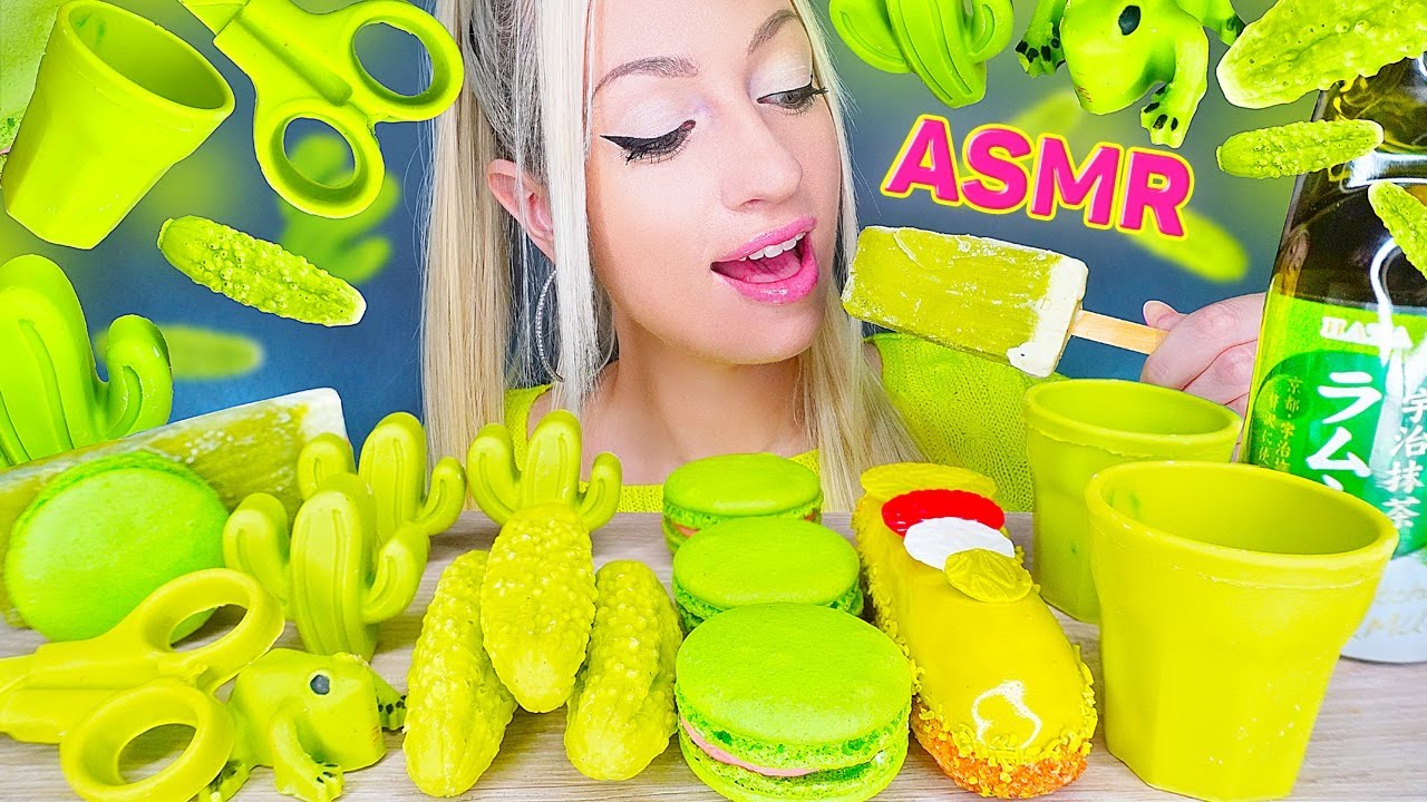 ASMR EATING GREEN FOOD, CHOCOLATE PICKLE, ICE CREAM, 컬러 먹방, 아이스크림, 과자 (MACAROONS, CAKE) MUKBANG 먹방