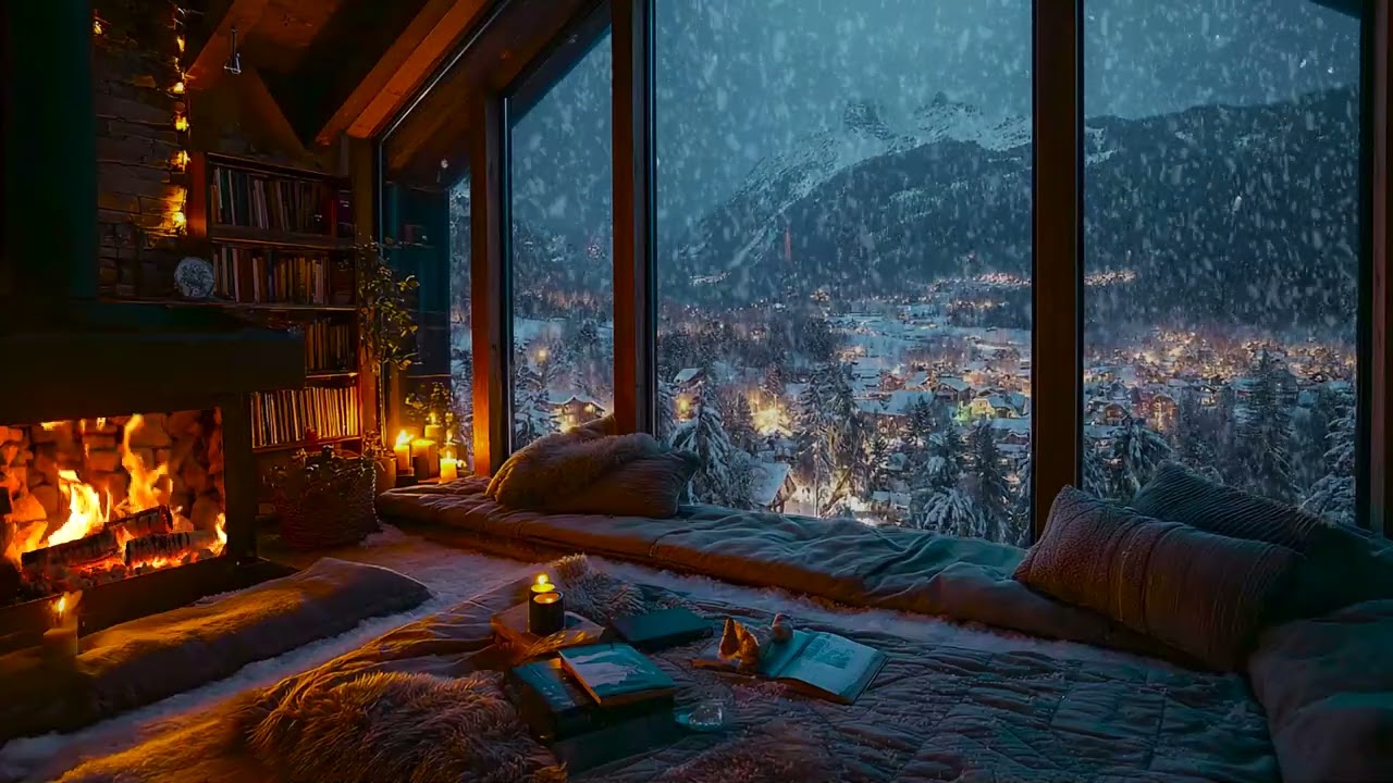 Cozy Winter Cabin Night with Peaceful Snowfall and Soft Fireplace Crackles for Deep Relaxation Sleep