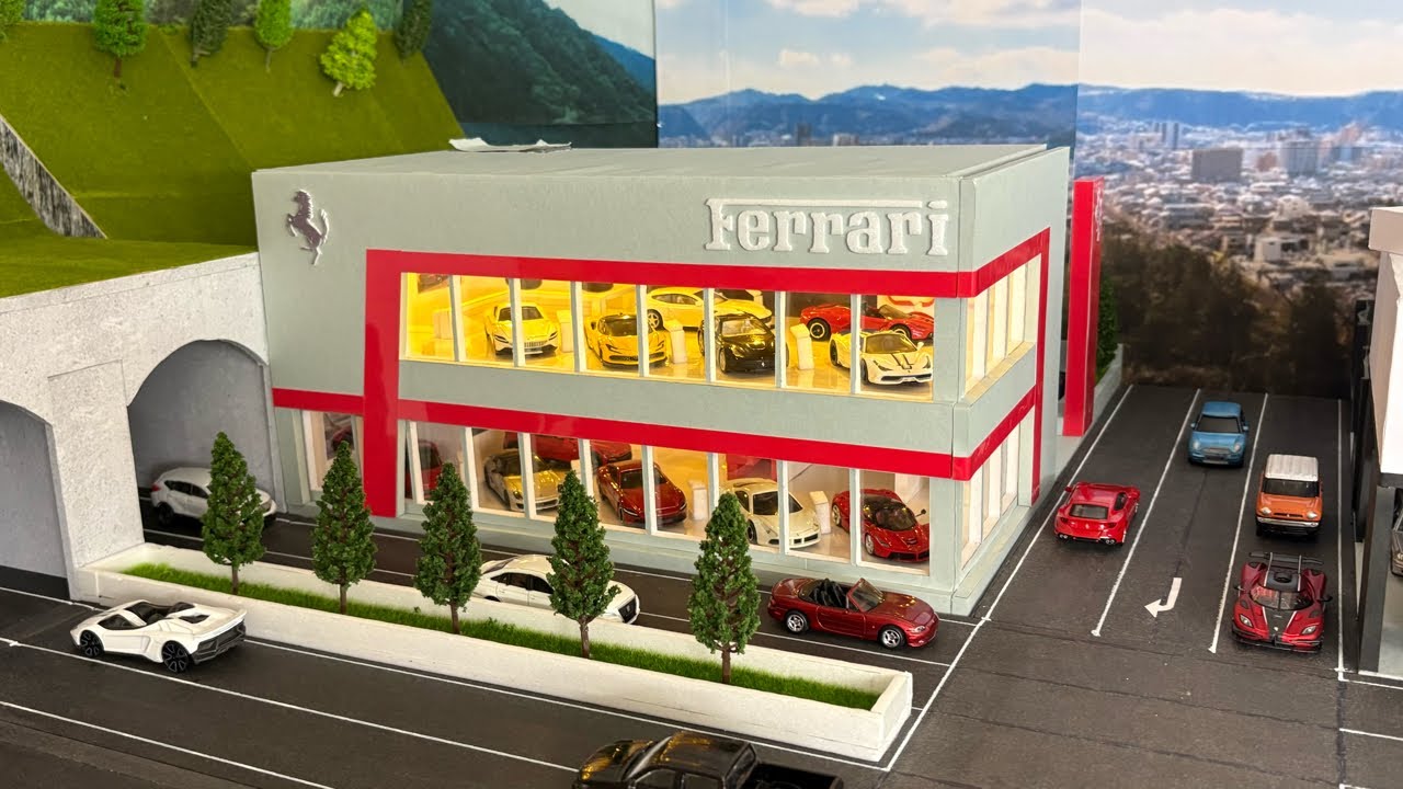 【1/64自作ジオラマ】巨大！フェラーリディーラー作ってみた！裏には整備工場も！