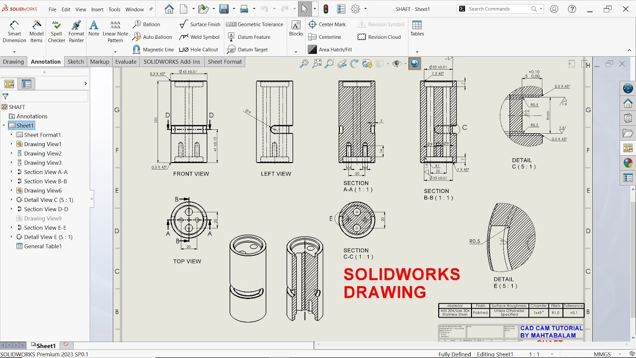 SolidWorks Drawing Basic Tutorial-Making Drawing For Shaft