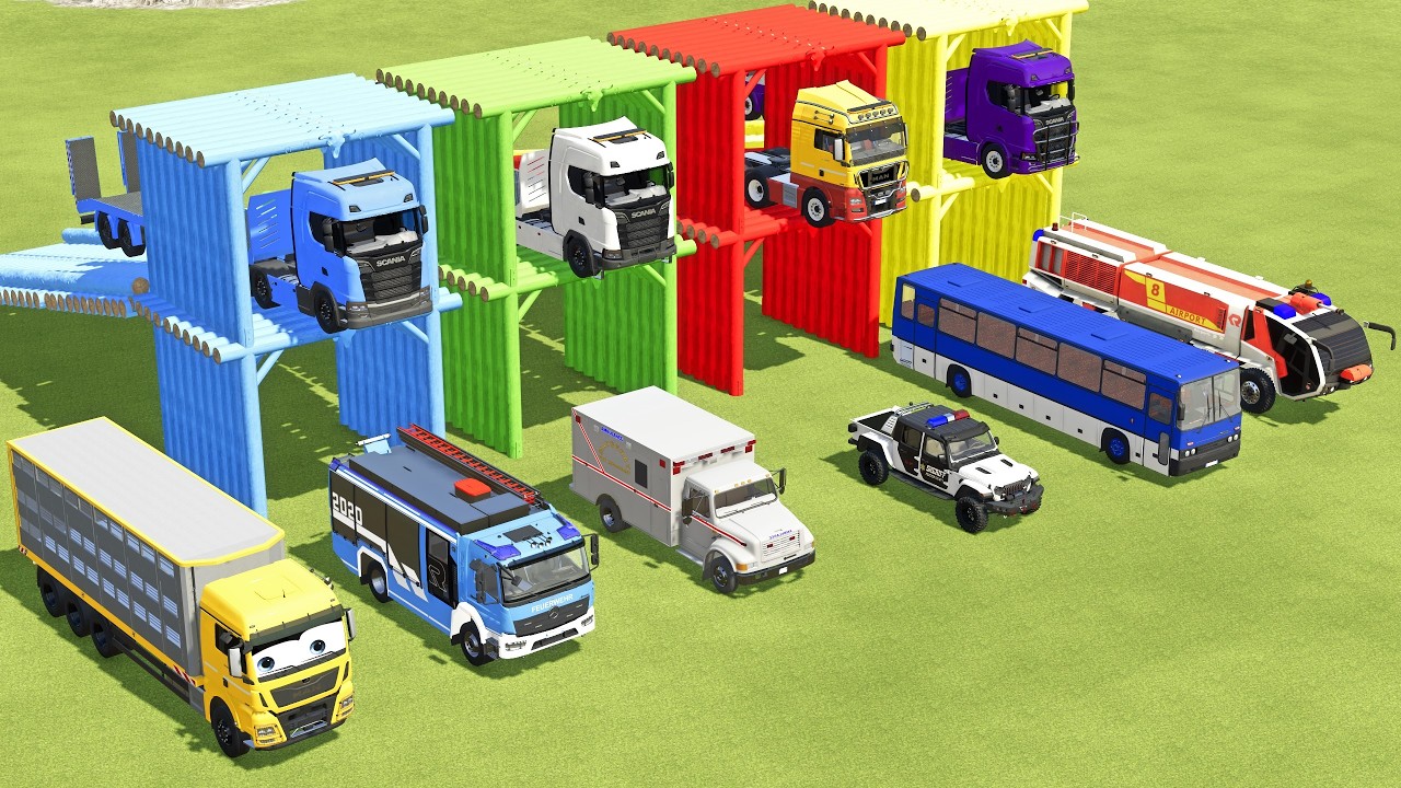 TRANSPORTING IKARUS BUS, FIRE TRUCK, POLICE CARS & AMBULANCE WITH SCANIA TRUCK -  FS22
