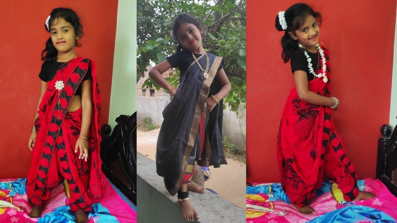 Dhoti style saree drape for Kids || How to wear saree for children|| Saree for kids in Telugu