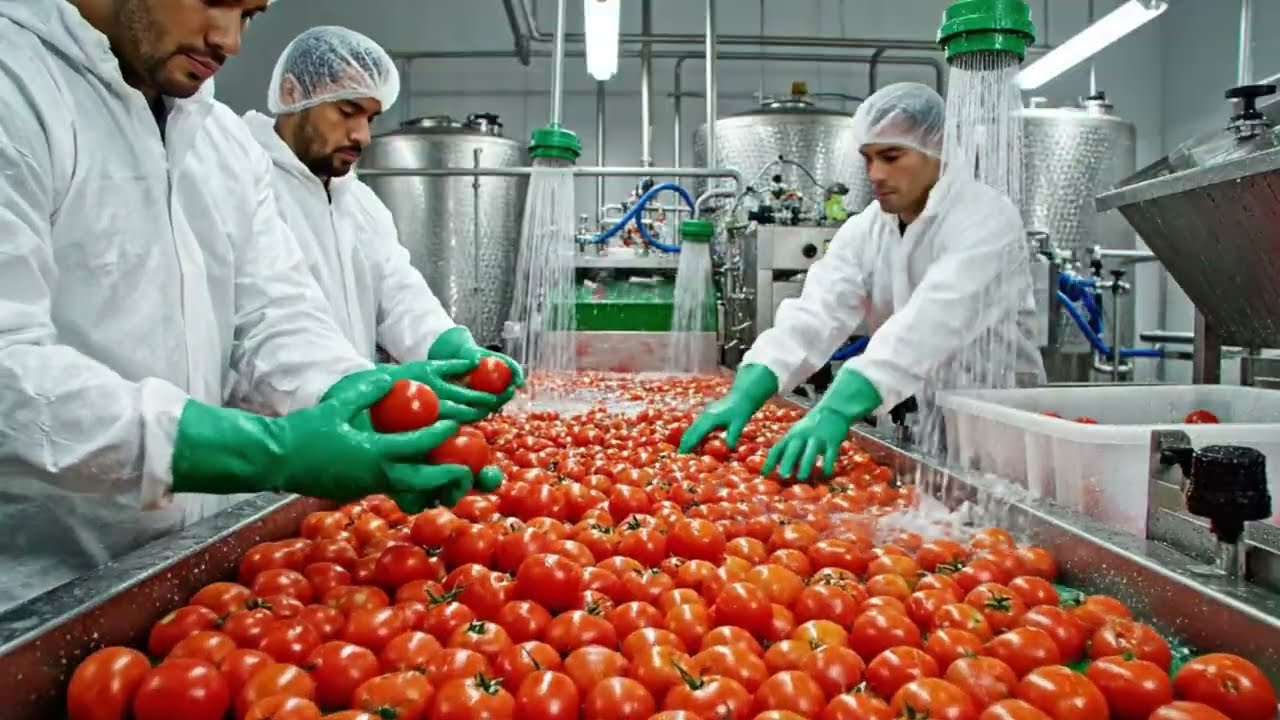 Inside a modern pasta sauce factory: The super-fast processing of 50 tons of tomatoes.