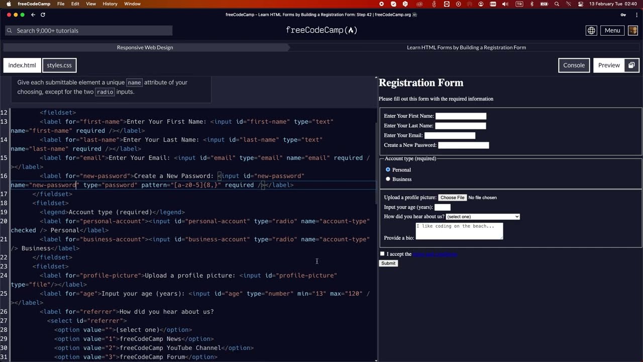 LEARN HTML FORMS BY BUILDING A REGISTRATION FORM STEP 42 #freecodecamp #learncss #registrationform