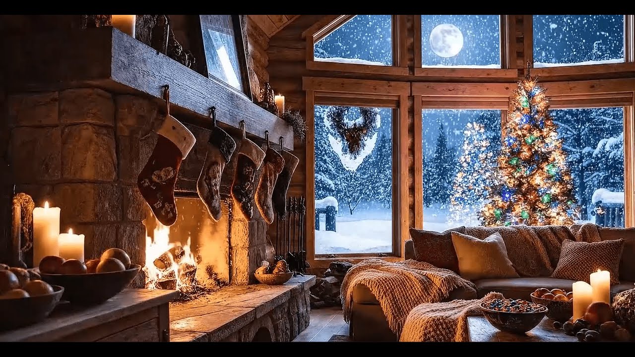 ⛷️ Ski Lodge Christmas 8 Hours - Fireplace Sleep Ambience with Brown Noise (No Ads)