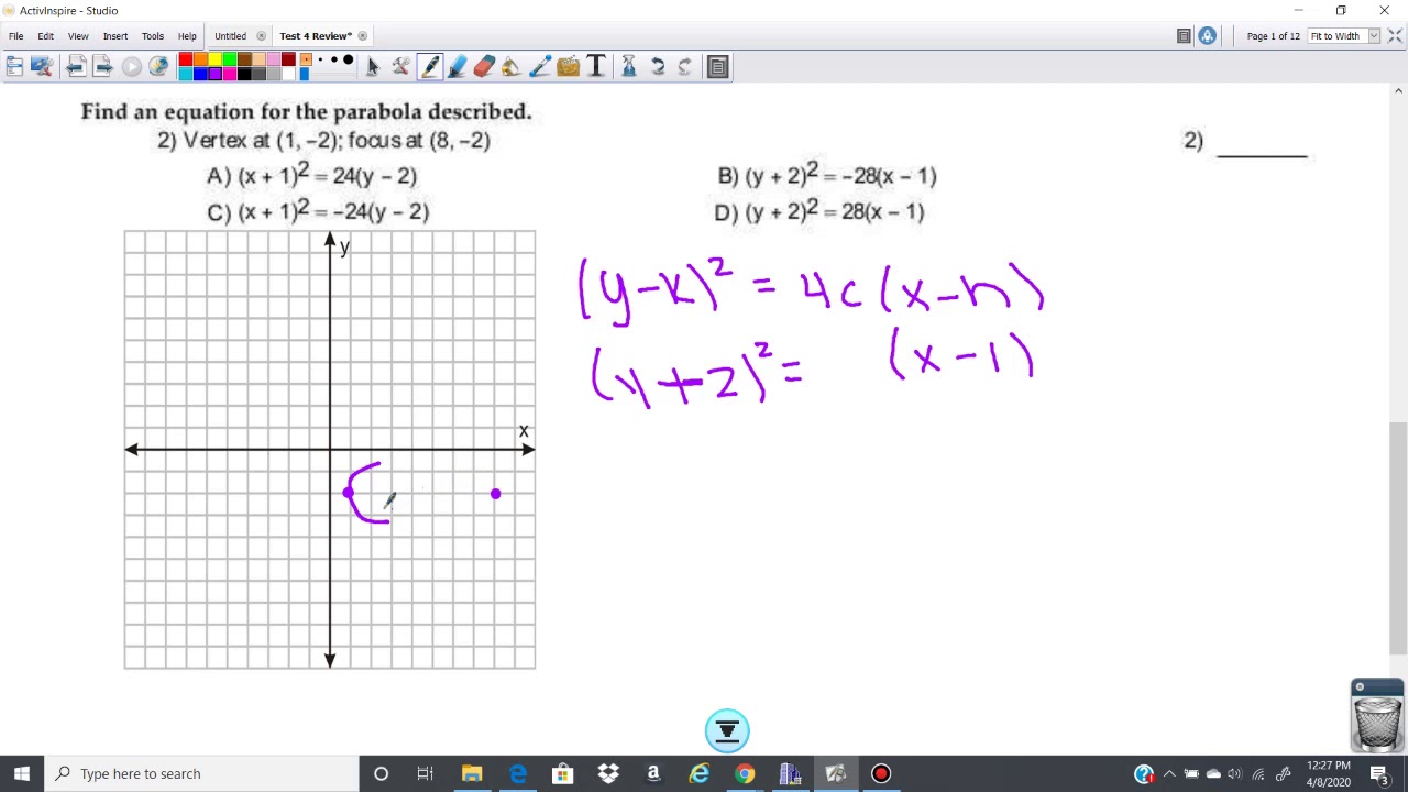 Finding the Equation of a Horizontal Parabola 1140 Review #2