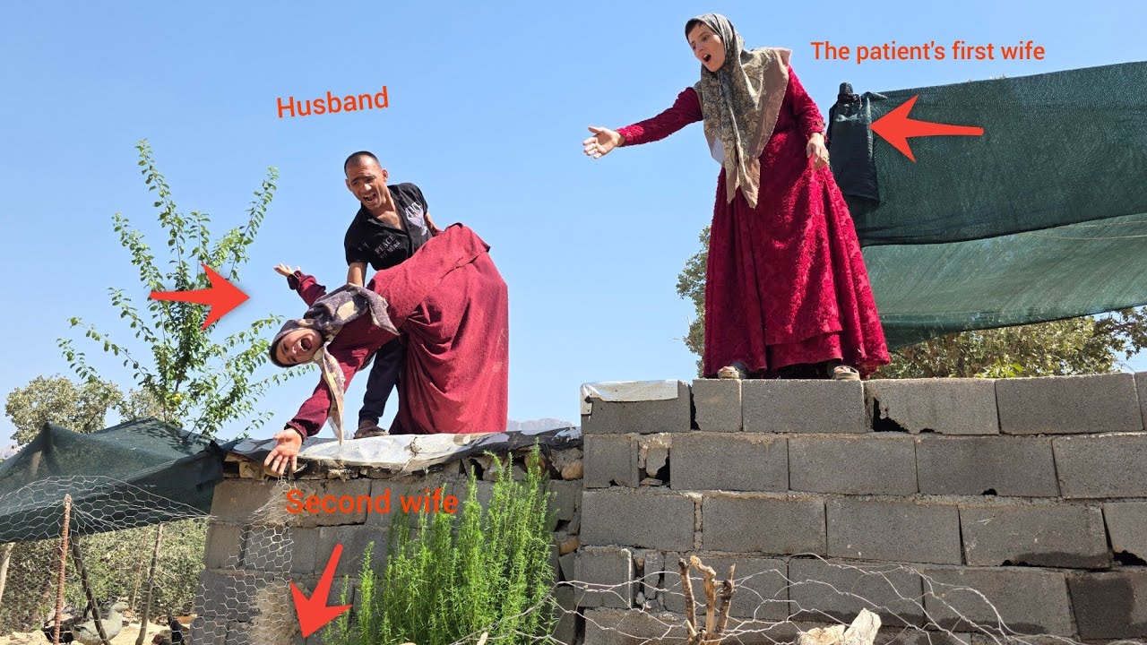 The husband's support for sick first lady against  witchy second lady and his anger at  second lady.