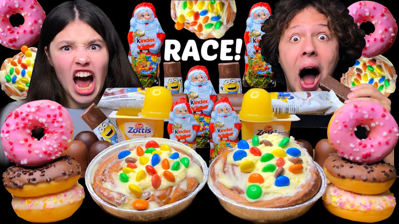 ASMR RACE! M&M's CAKE, KINDER SANTA, CHOCOLATE CANDY BARS EATING SOUNDS MUKBANG 먹방 | Tati ASMR