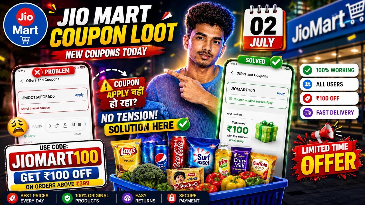 JioMart ₹100 OFF Coupon Code Today 🔥 | NEW100 Coupon Working | JioMart New User Offer 2 July 2026 