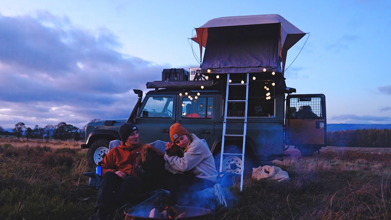 Уютный зимний кемпинг выходного дня в Пертшире, Шотландия, на нашем Land Rover