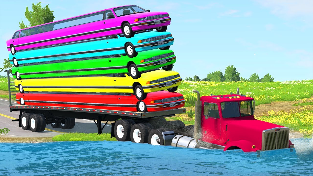 LONG CARS with Flatbed Trailer Truck Transportation Car Rescue - Deep Water vs Cars - BeamNG.Drive