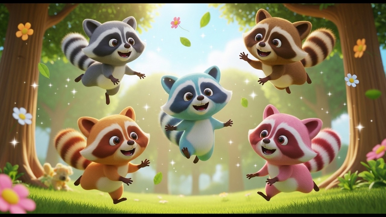 Cinq Petits Ratons Laveurs Courent, Courent, Courent | Chanson de la Forêt pour Enfants