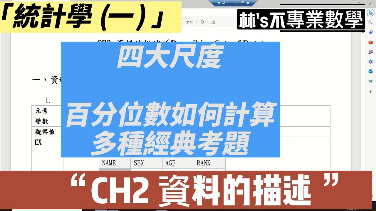 【統計學】CH2 資料的描述 l 快速學習統計！名目、順序、區間、比率尺度如何區分？平均數、中位數、眾數、百分位數、IQR、離群值如何計算？多種經典考題一次看！ l 林’s不專業數學