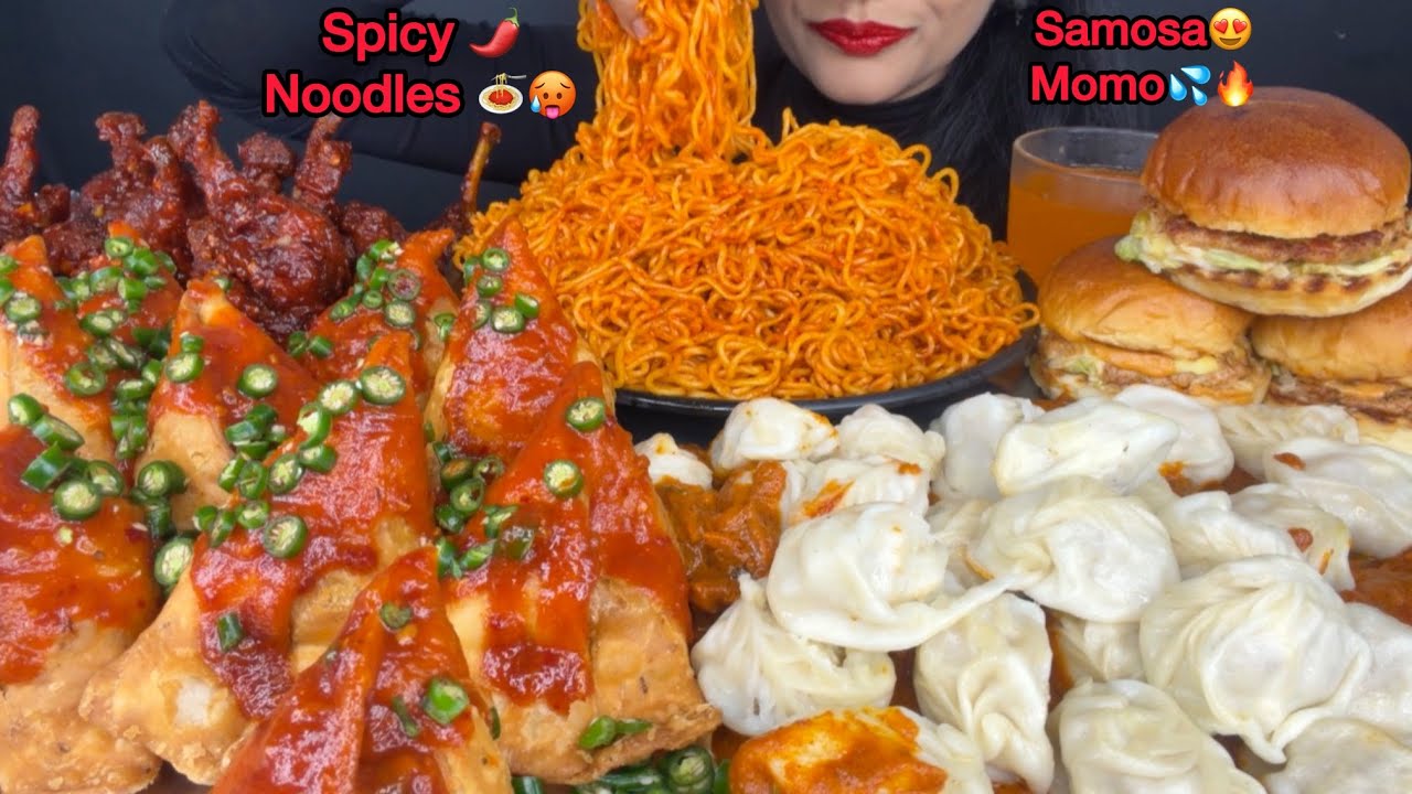 ASMR EATING STREETFOOD MOMO,NOODLES SPICY,CHICKEN LOLLIPOP,SAMOSA,BURGER