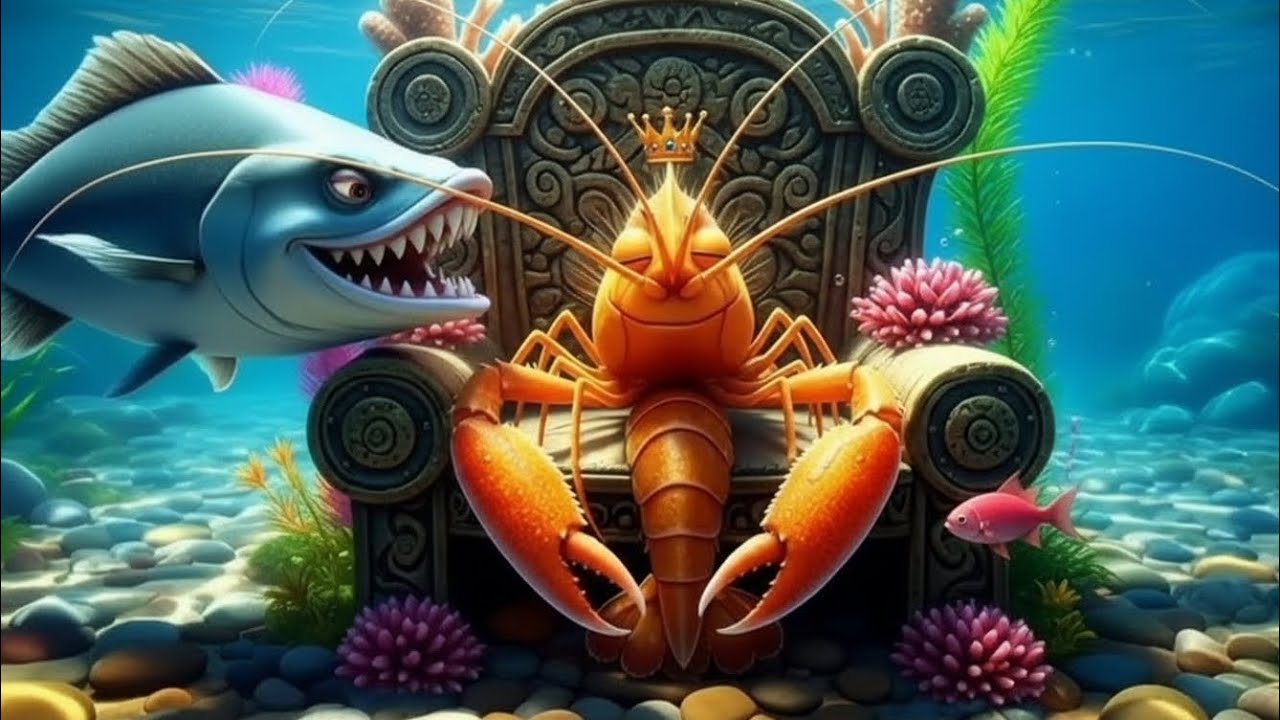 The king prawn is in danger because of the fish.Cartoon video.