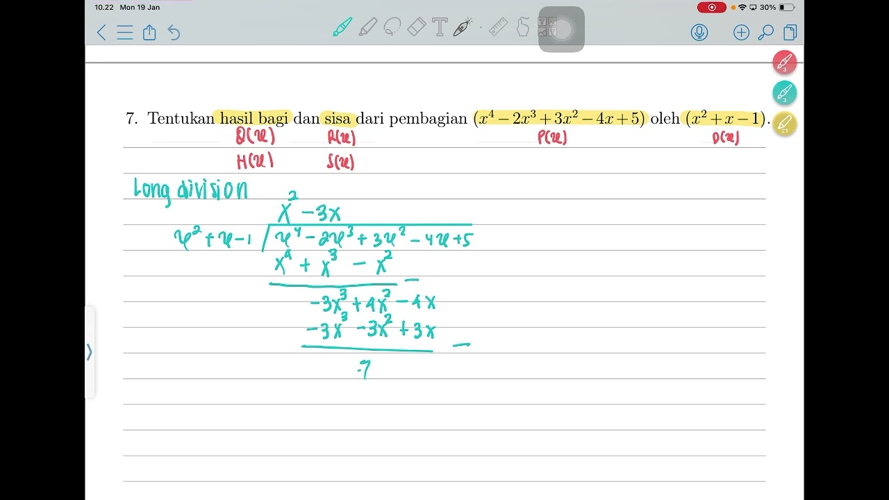 1. Menentukan hasil bagi H(x) dan sisa S(x) dari pembagian suku banyak P(x) dengan D(x) 