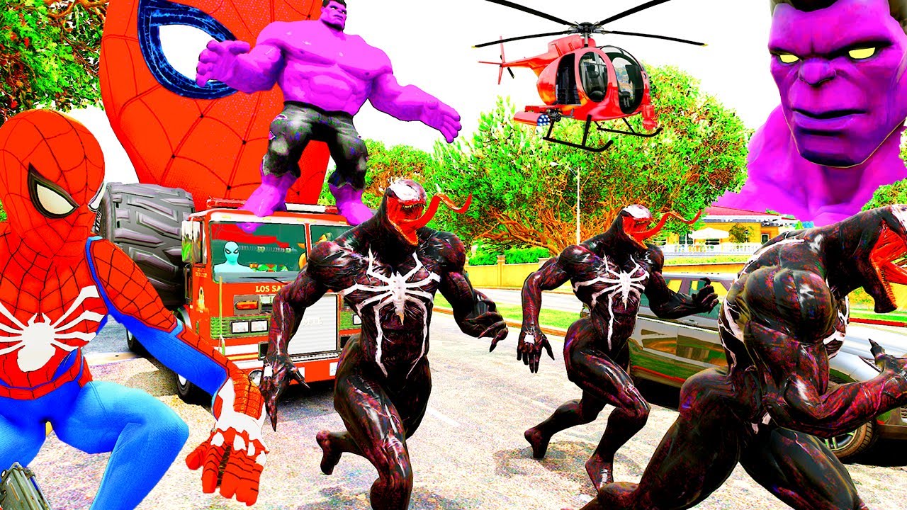 Spider-man Siêu Nhân Chạy Xe Cùng Người nhện, Ô Tô Cảnh Sát, Xe cứu hỏa! Red Hulk VS Venom Batman