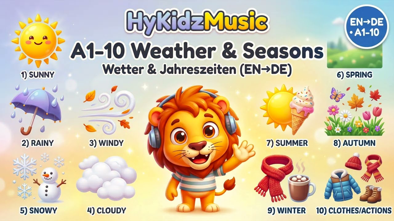 Weather & Seasons 🌦️ Kids English→German Song (EN→DE) #HyKidzMusic