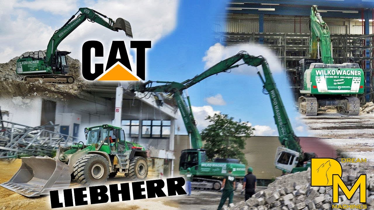 CATERPILLAR 349E + LIEBHERR 954 LONGFRONT BAGGER ABBRUCH EINER LAGERHALLE BAUSTELLE