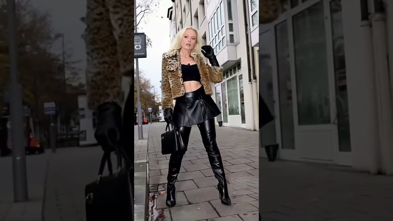 Woman wearing leather skirt and thigh-high boots #fashion #style #leather #beauty #model #legs