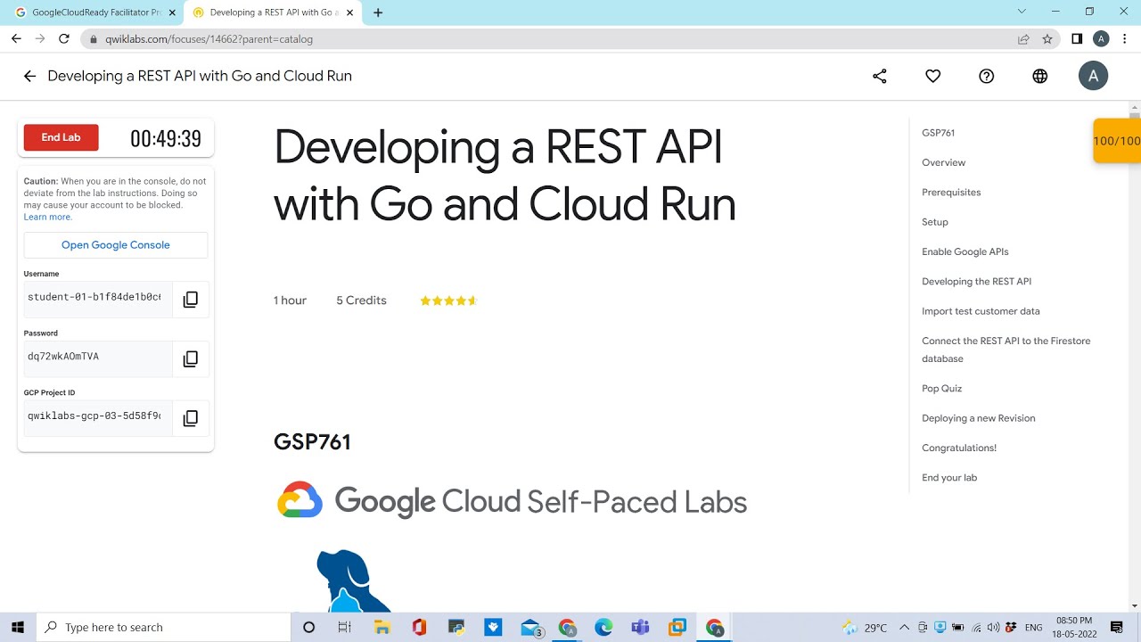 Developing a REST API with Go and Cloud Run #qwiklabs #gcp #googlecloudfacilitator #quests