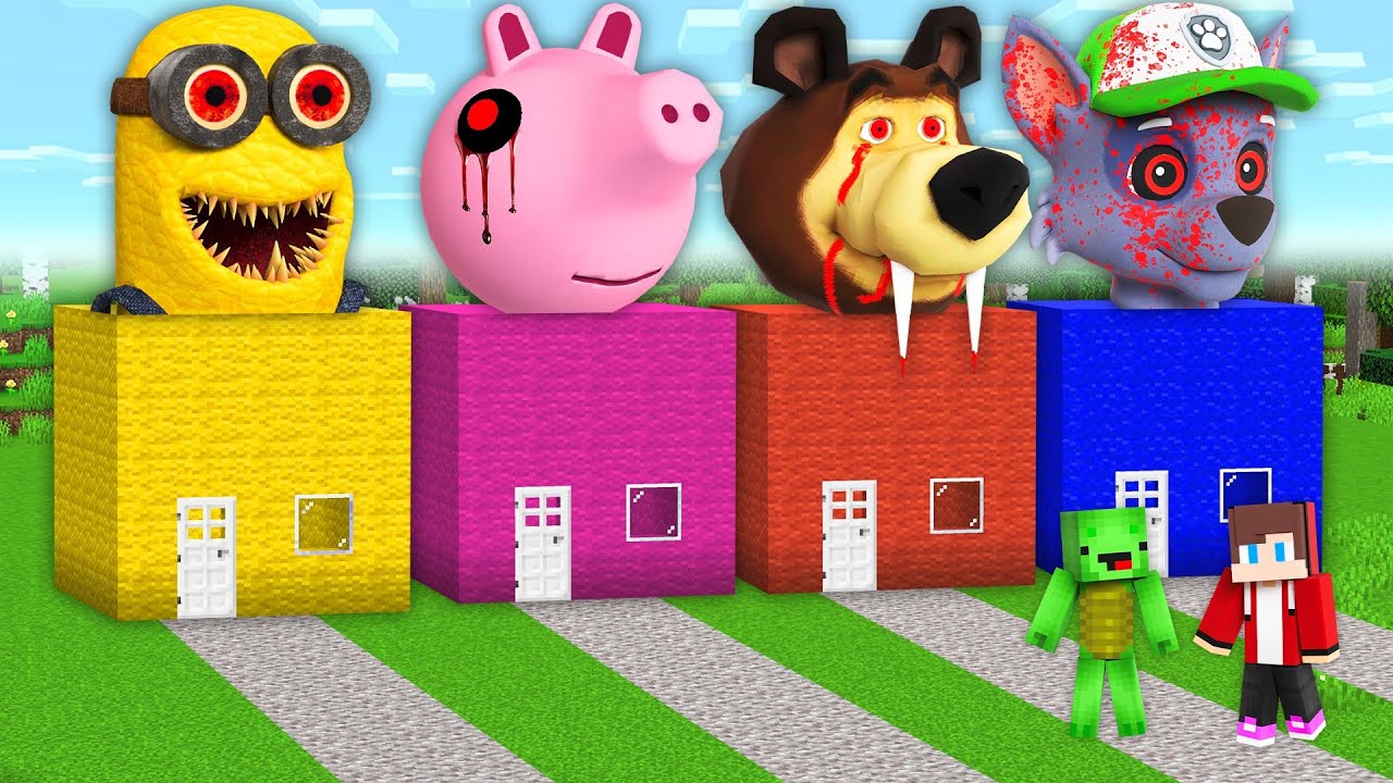 JJ & MIKEY vs. SUPERHEROES HOUSE MINION PEPPA PIG MASHA & BEAR SPIDER MAN in Minecraft