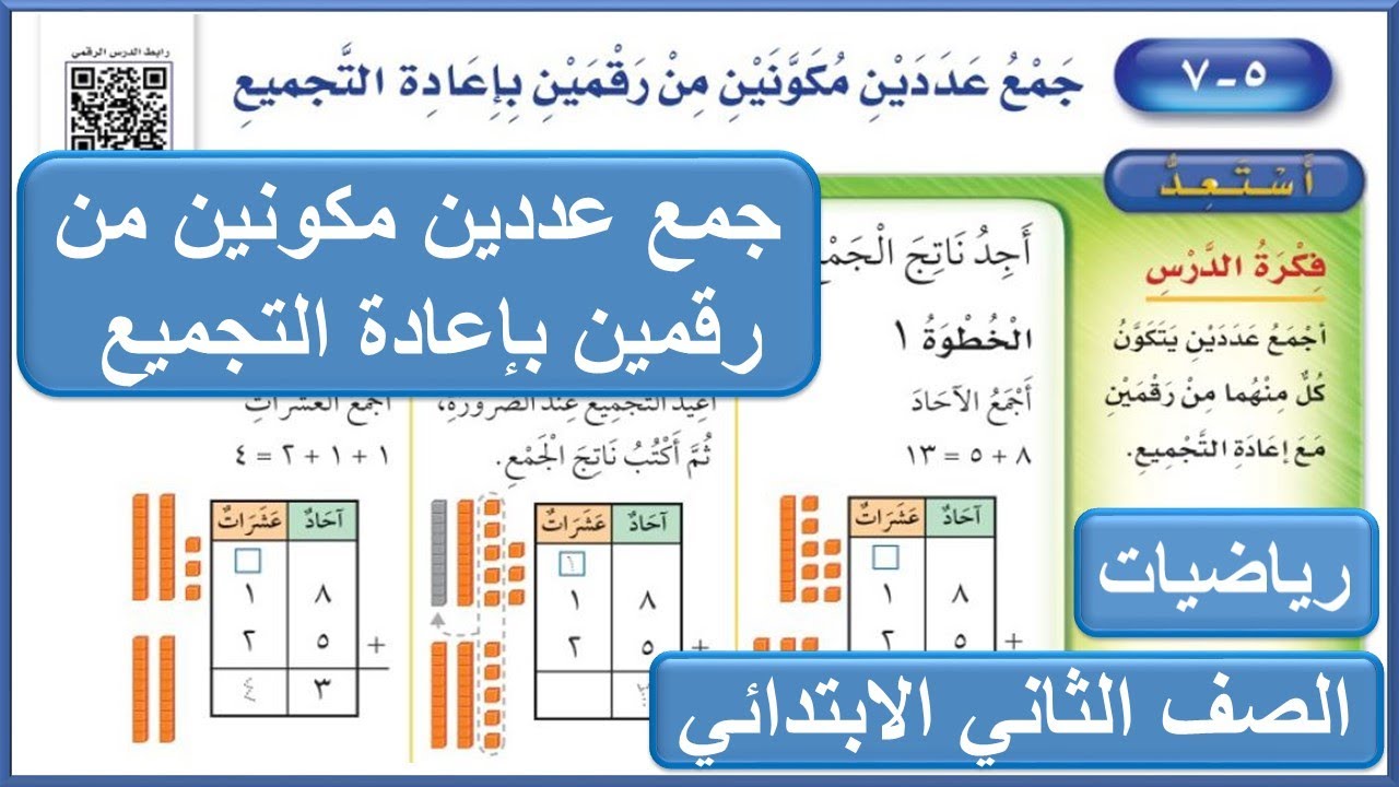 جمع عددين مكونين من رقمين بإعادة التجميع للصف الثاني الابتدائي رياضيات