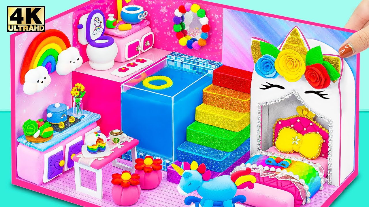 How To Make Pink Unicorn Mini House with Cute Bed, Rainbow Stairs, Pool ❤️ DIY Miniature House